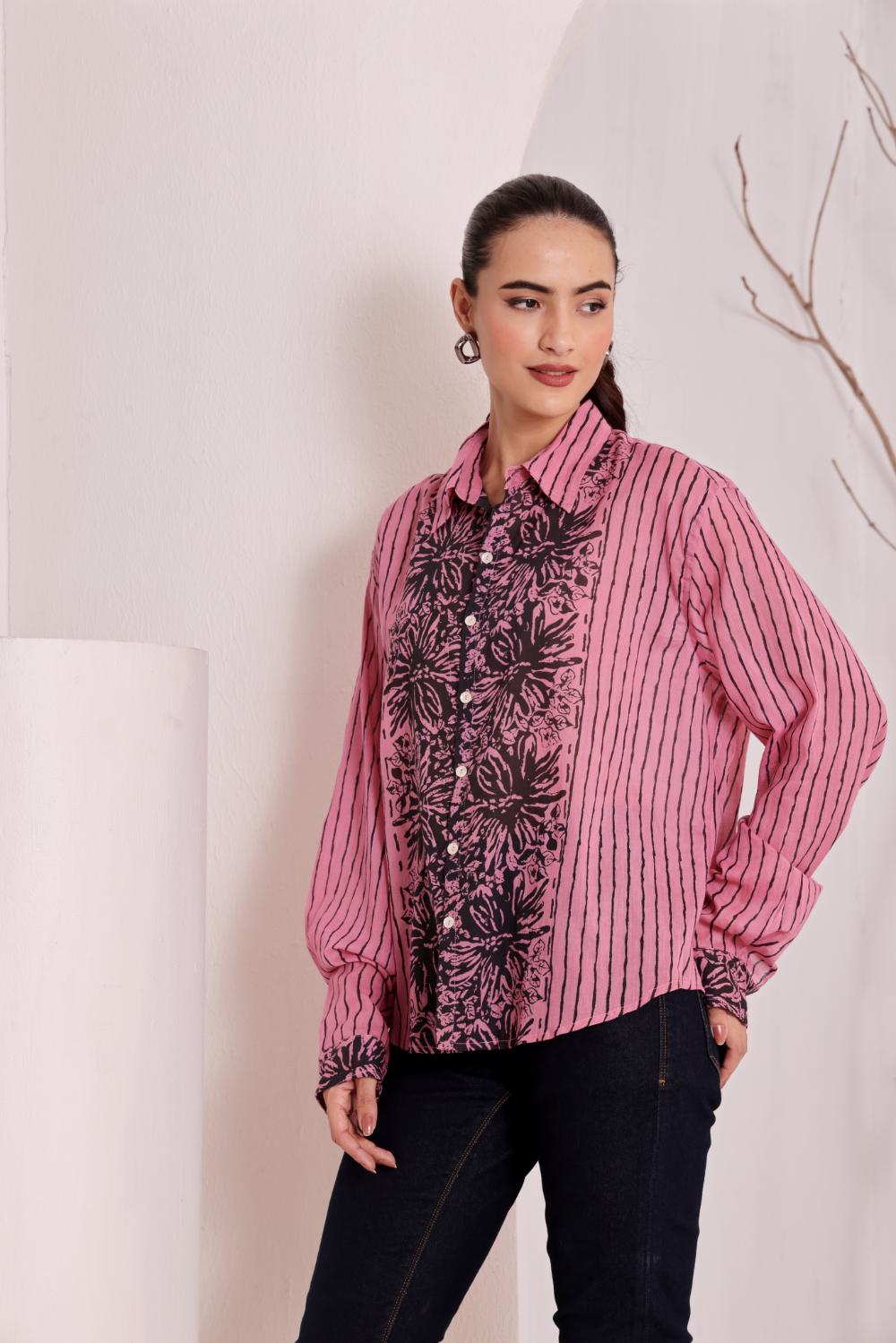 Pink Floral Block Print Cotton Shirt