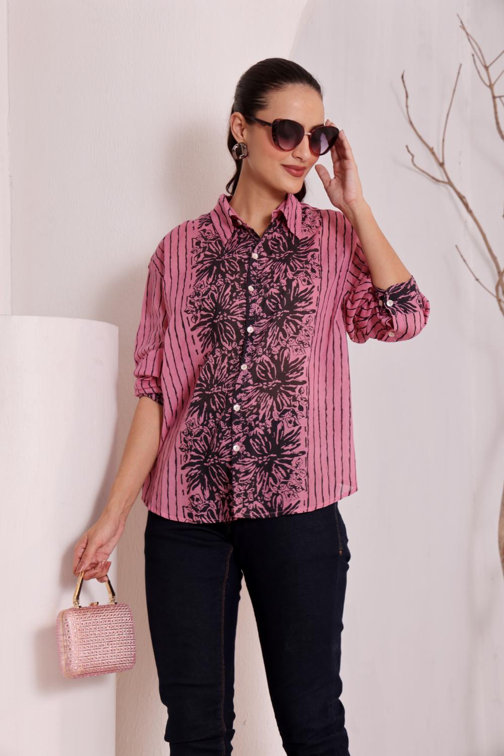 Pink Floral Block Print Cotton Shirt