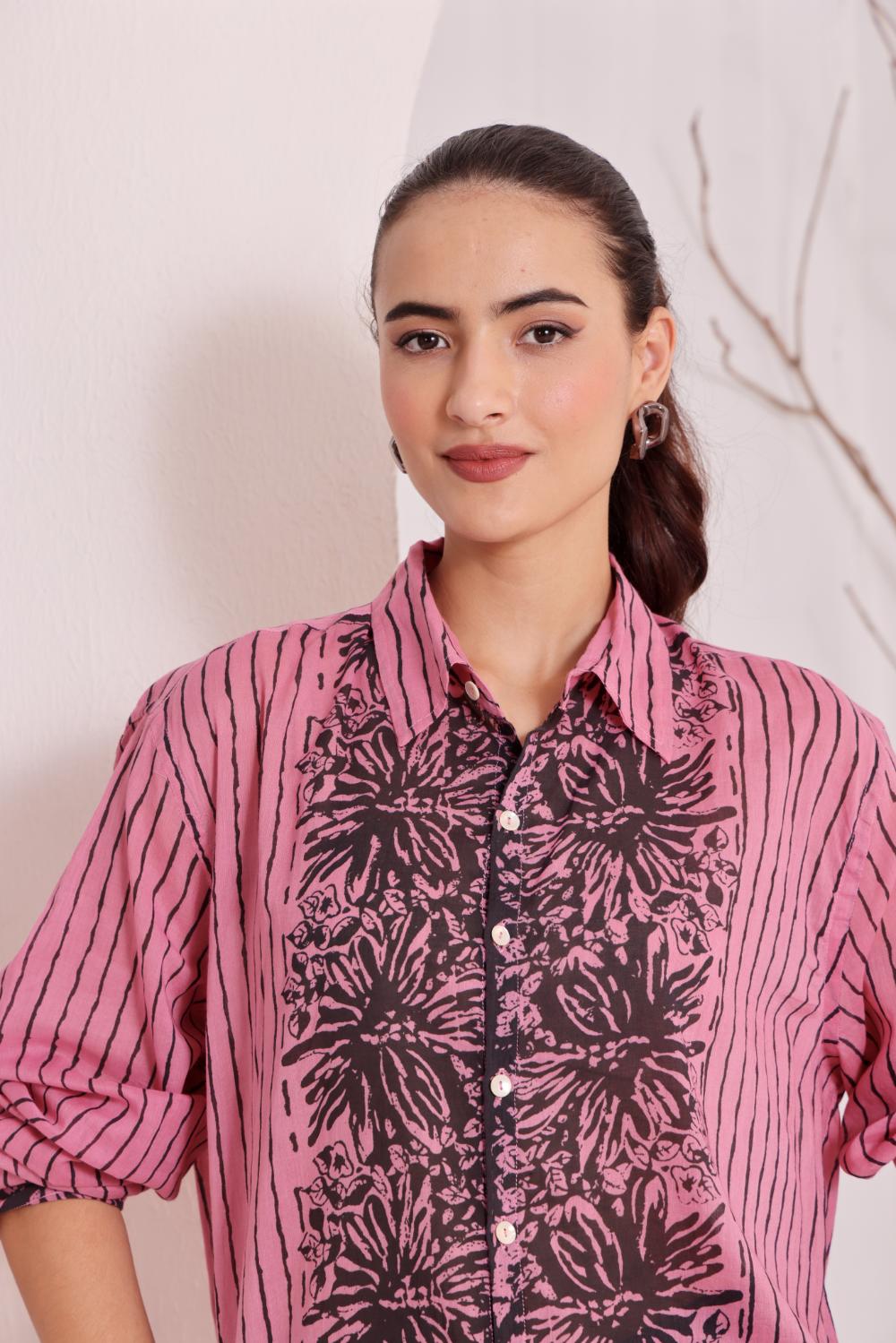 Pink Floral Block Print Cotton Shirt