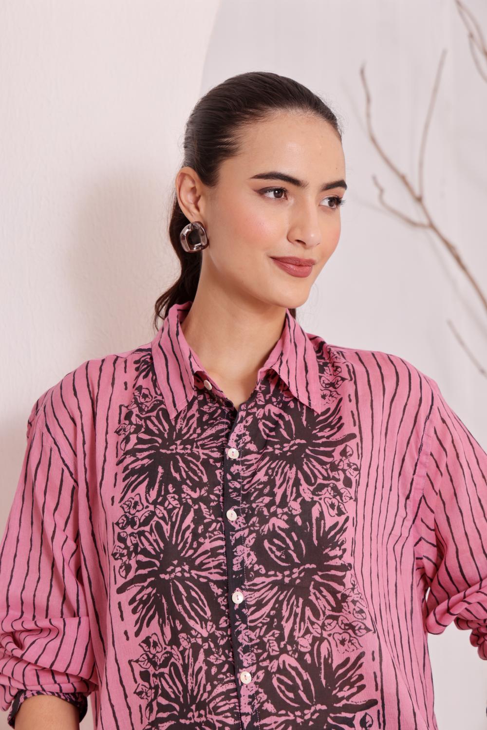 Pink Floral Block Print Cotton Shirt