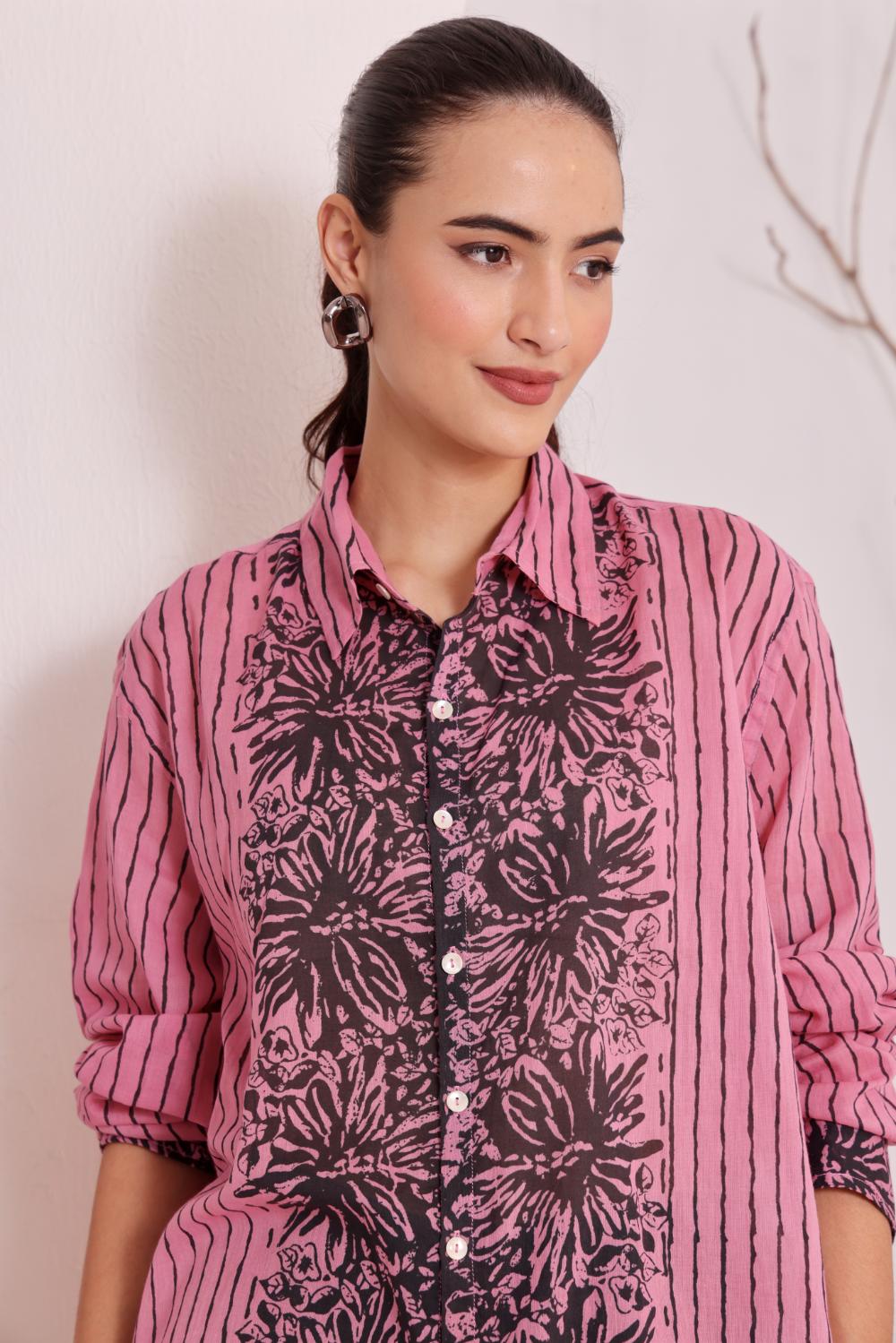 Pink Floral Block Print Cotton Shirt
