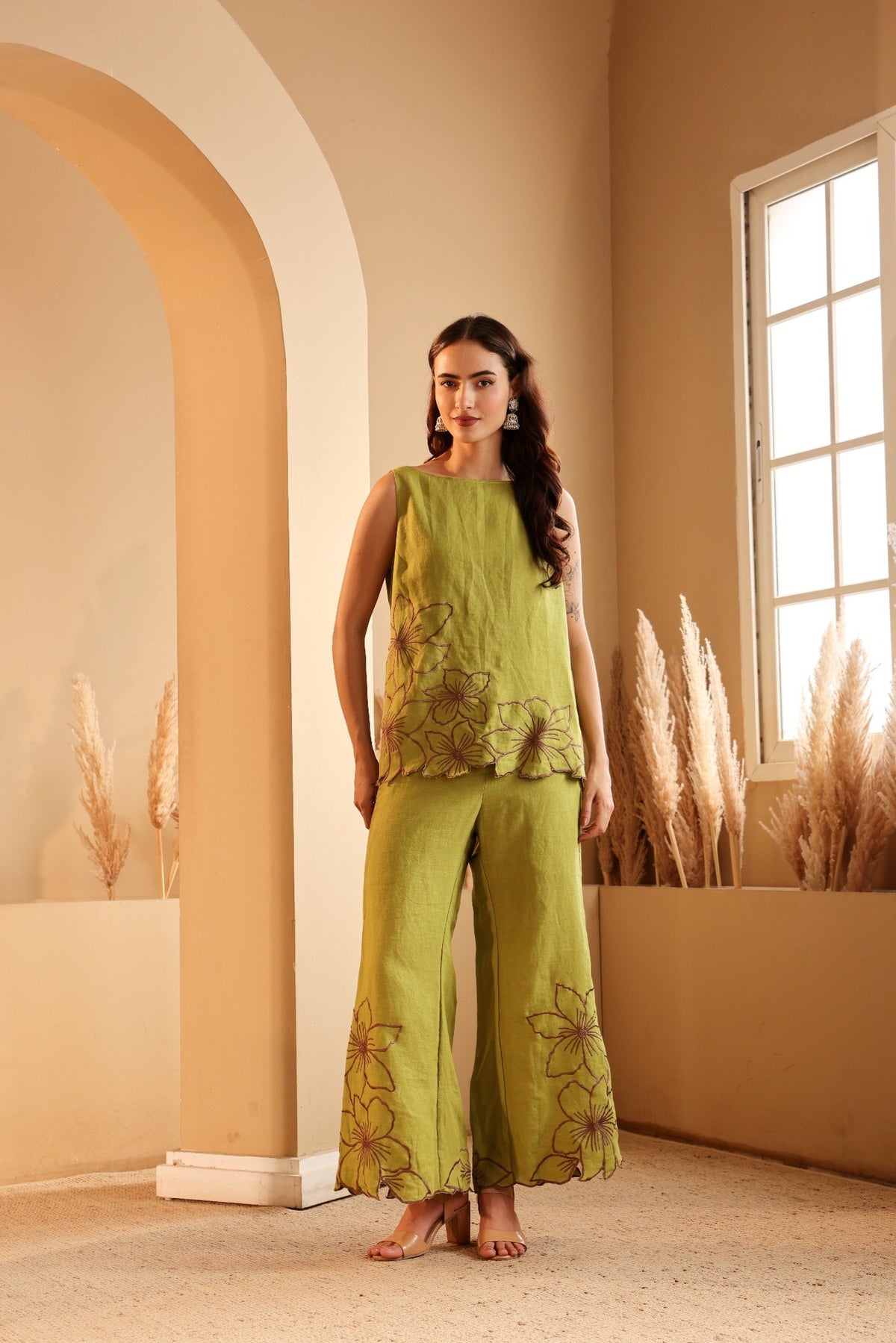 Women's Lime Floral Embroidered linen Co-ord Set