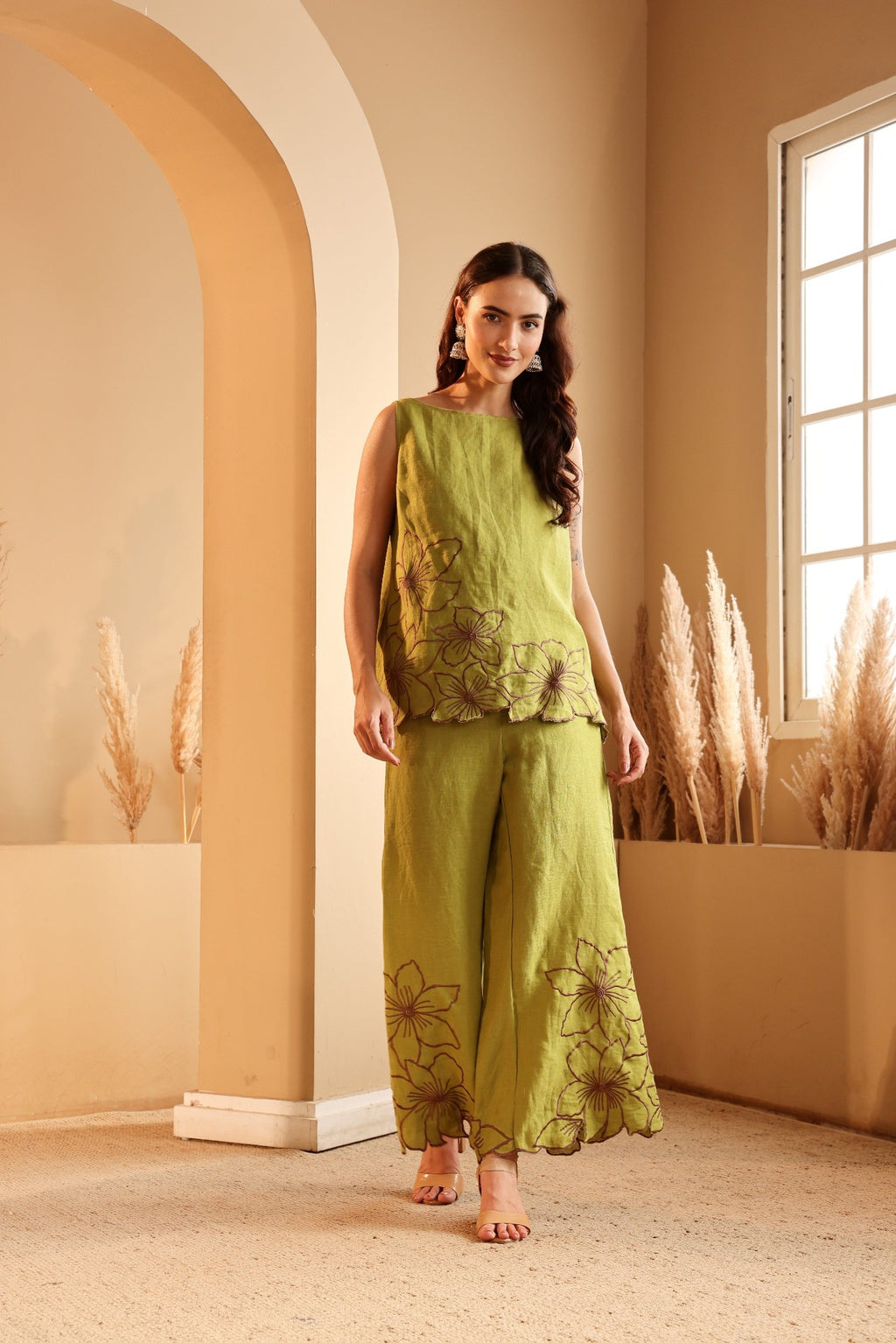 Women's Lime Floral Embroidered linen Co-ord Set