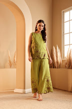 Women's Lime Floral Embroidered linen Co-ord Set