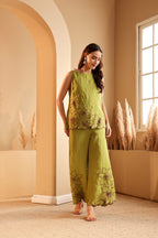 Women's Lime Floral Embroidered linen Co-ord Set