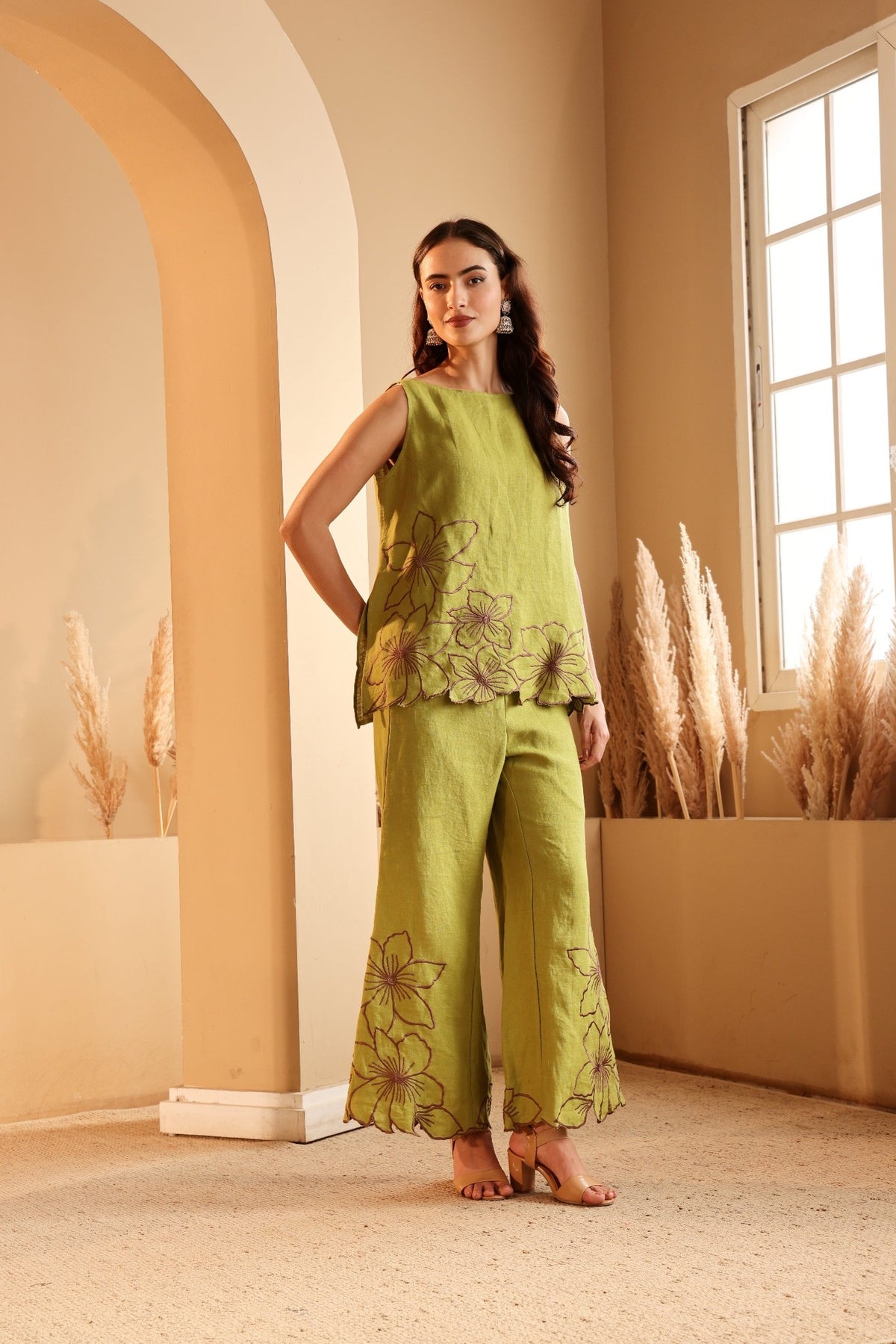 Women's Lime Floral Embroidered linen Co-ord Set