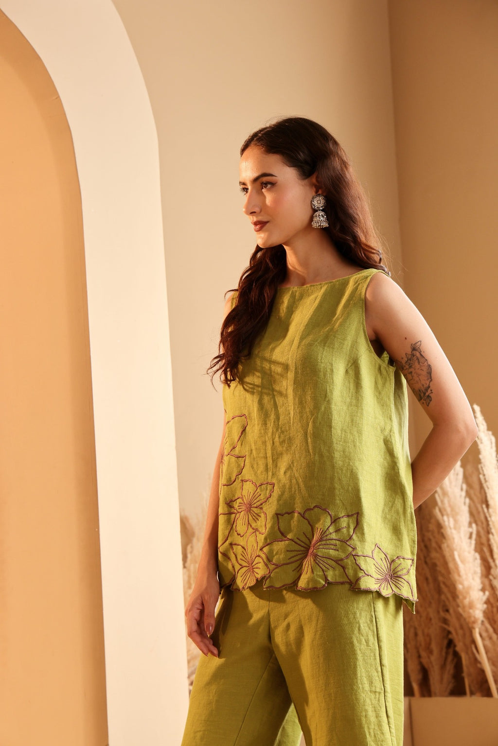 Women's Lime Floral Embroidered linen Co-ord Set