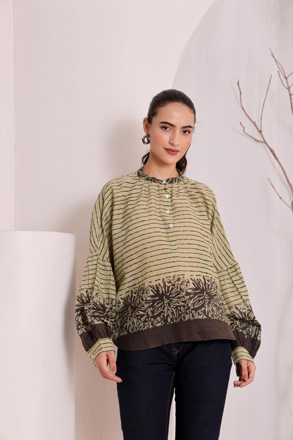 Olive Green Printed Cotton Top for Women