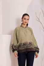 Olive Green Printed Cotton Top for Women