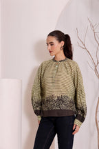 Olive Green Printed Cotton Top for Women