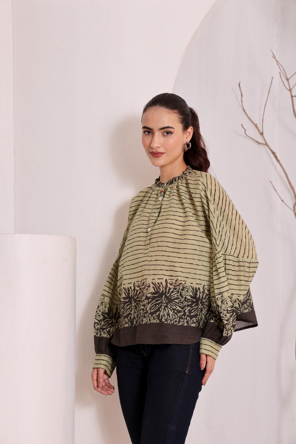 Olive Green Printed Cotton Top for Women