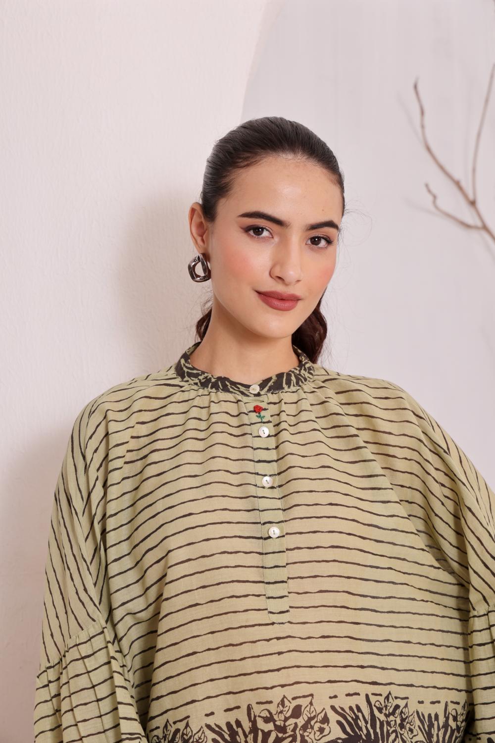 Olive Green Printed Cotton Top for Women