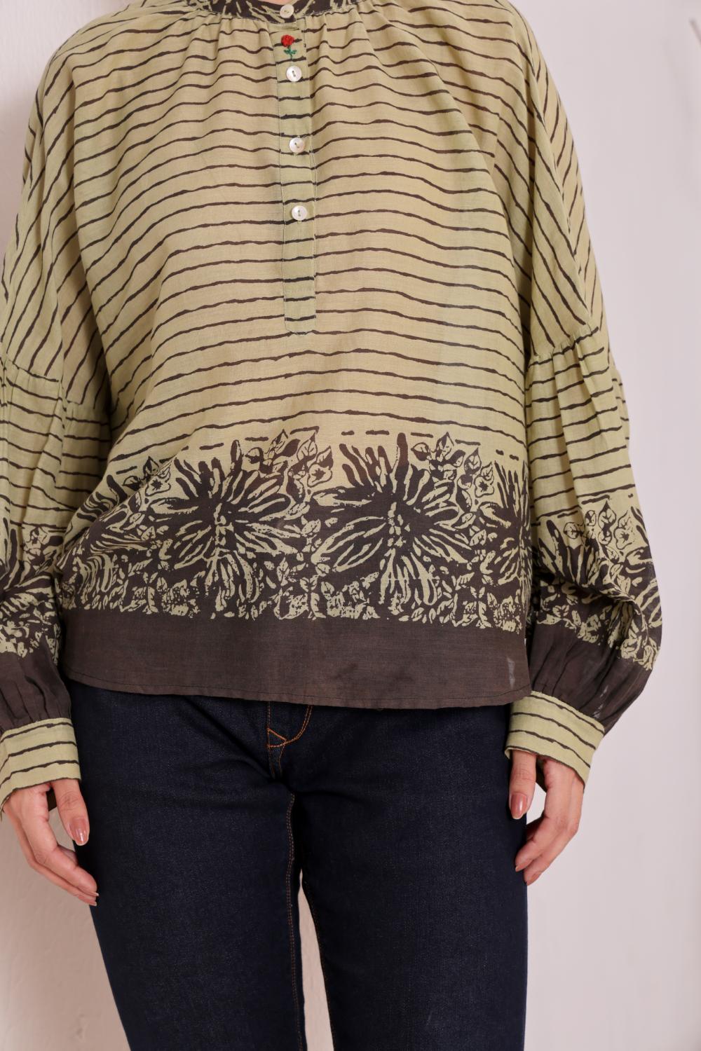Olive Green Printed Cotton Top for Women