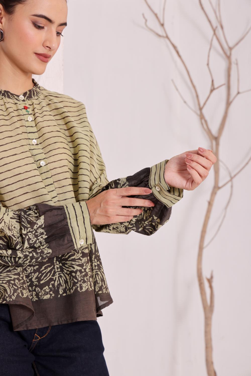 Olive Green Printed Cotton Top for Women