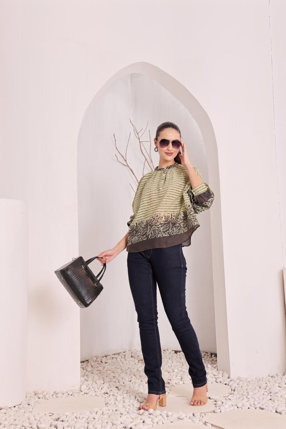 Olive Green Printed Cotton Top for Women