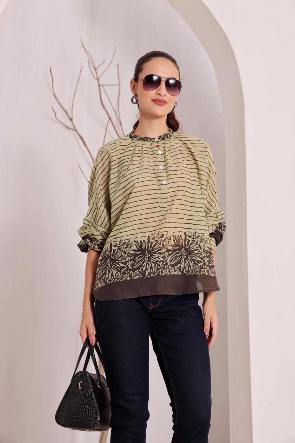 Olive Green Printed Cotton Top for Women