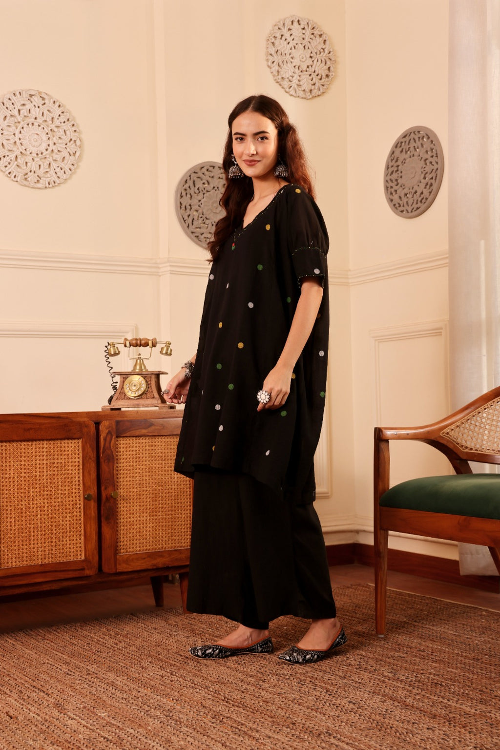 Jamdani Polka Dot Kurta with black pant