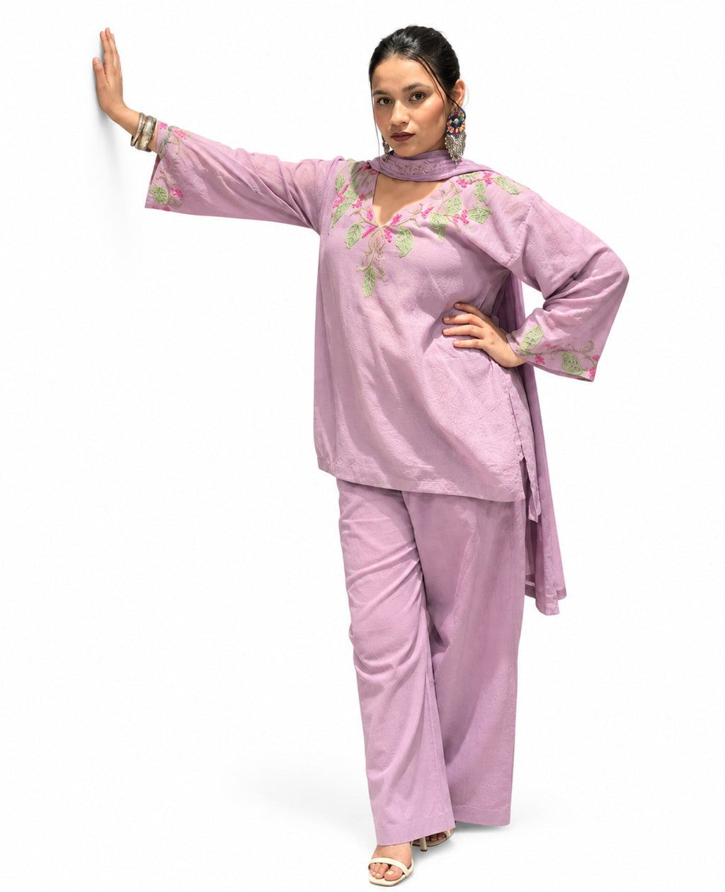 Cotton Mulmul Hand-Embroidered Kurta Set with Dupatta