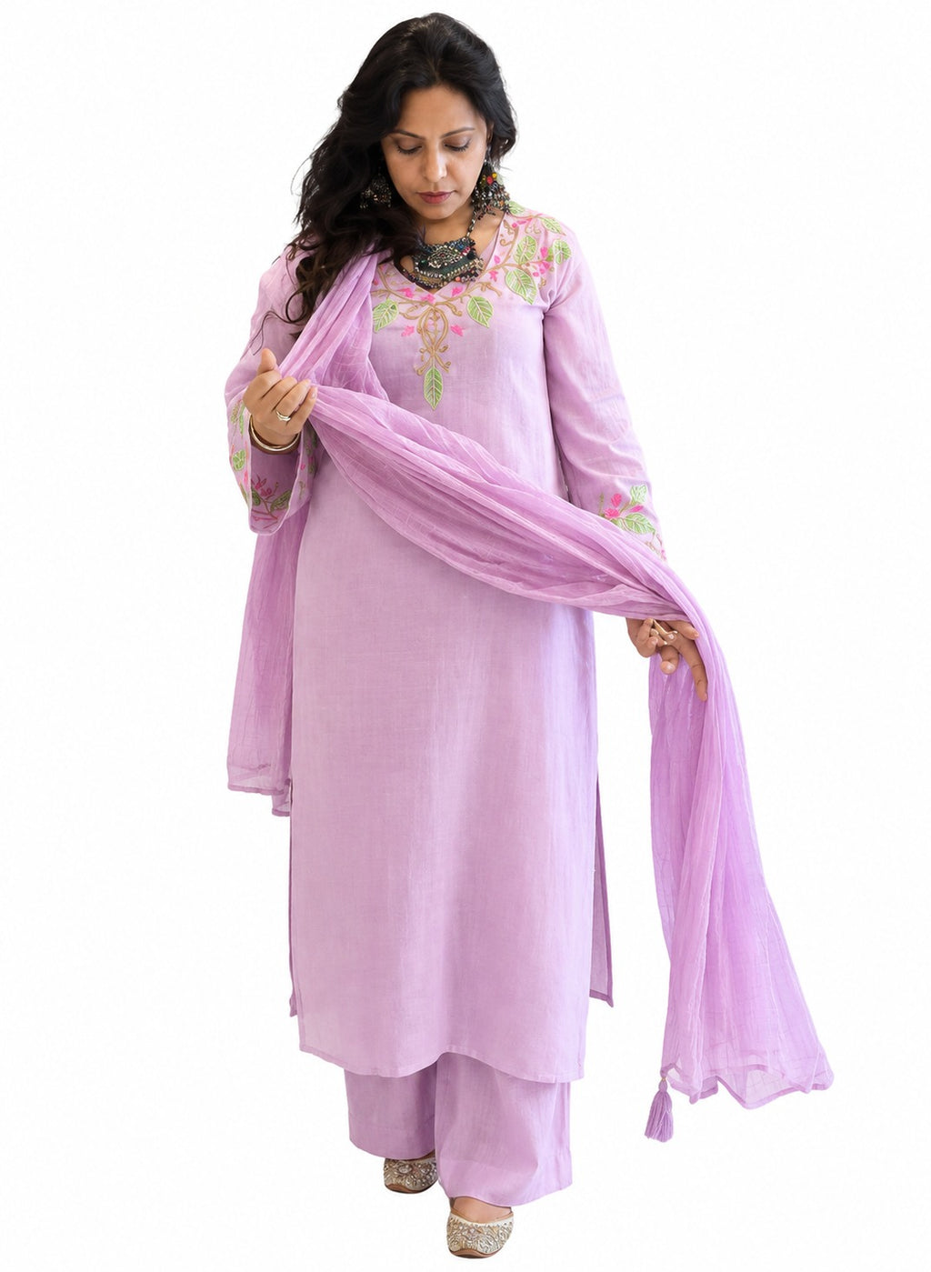 Cotton Mulmul Hand-Embroidered Kurta Set with Dupatta