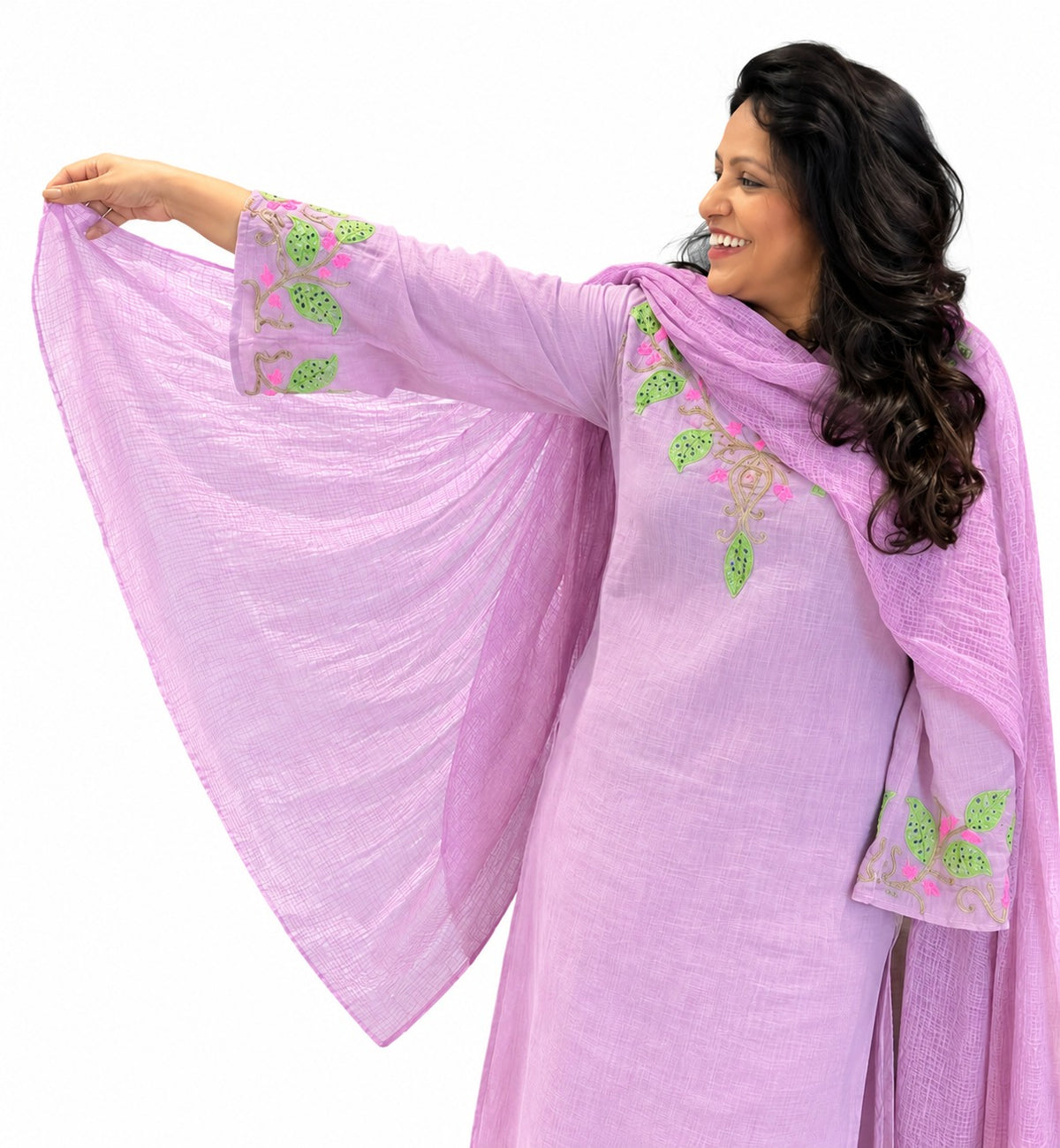 Cotton Mulmul Hand-Embroidered Kurta Set with Dupatta