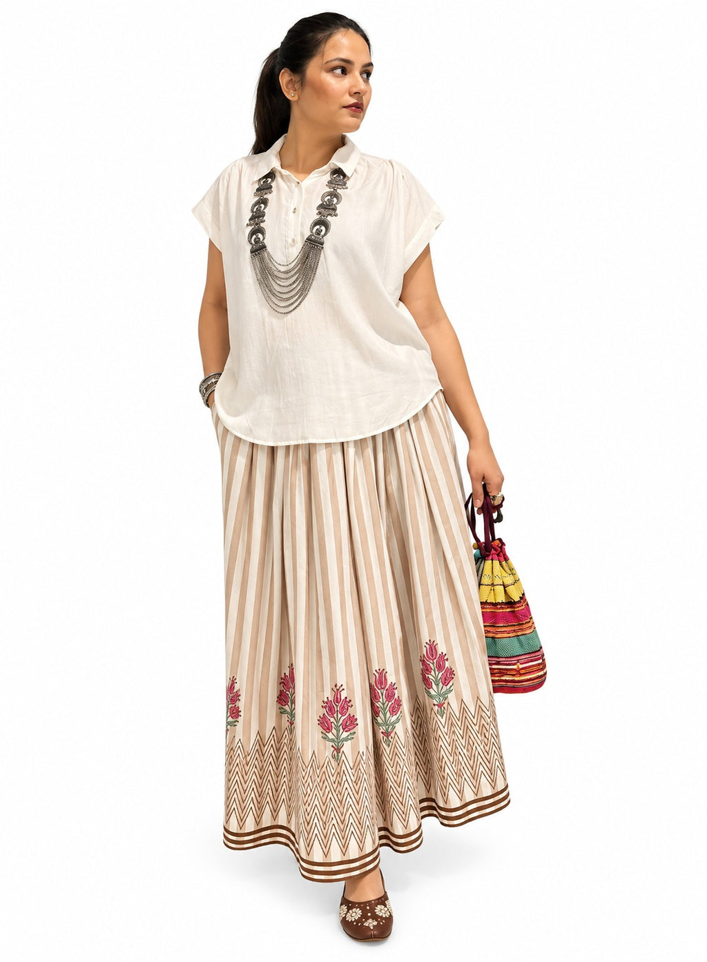 Hand Block Printed Cotton yarn dyed Stripe Skirt