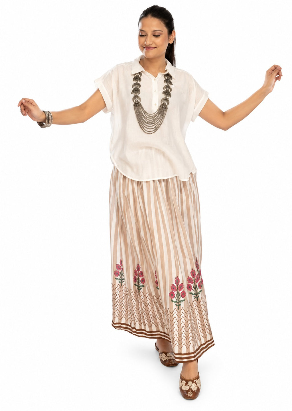 Hand Block Printed Cotton yarn dyed Stripe Skirt