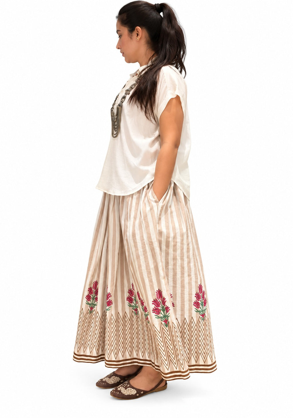 Hand Block Printed Cotton yarn dyed Stripe Skirt