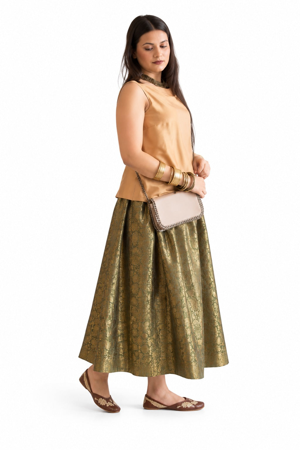 silk Olive Gold Brocade Skirt