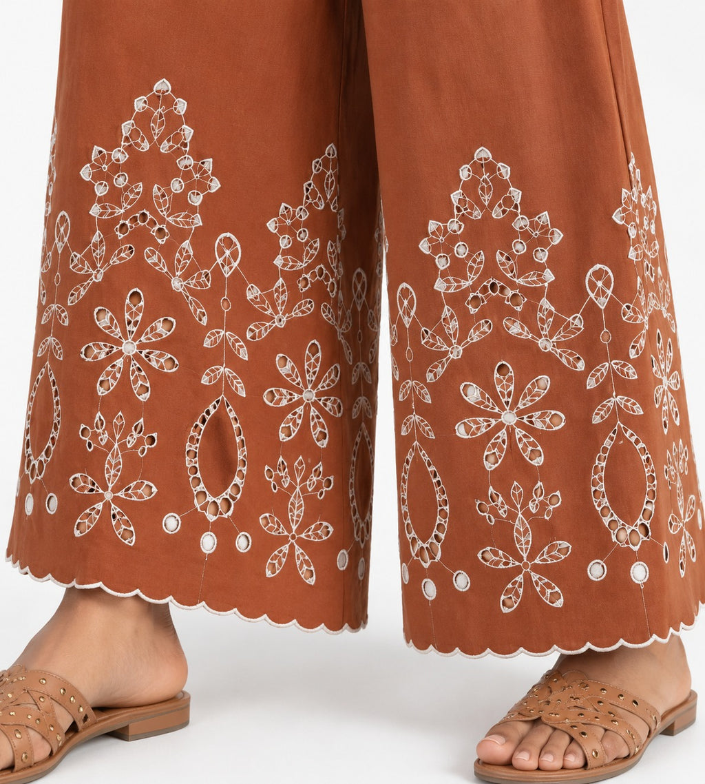 Cotton Poplin Schiffli Wide-Leg Pants