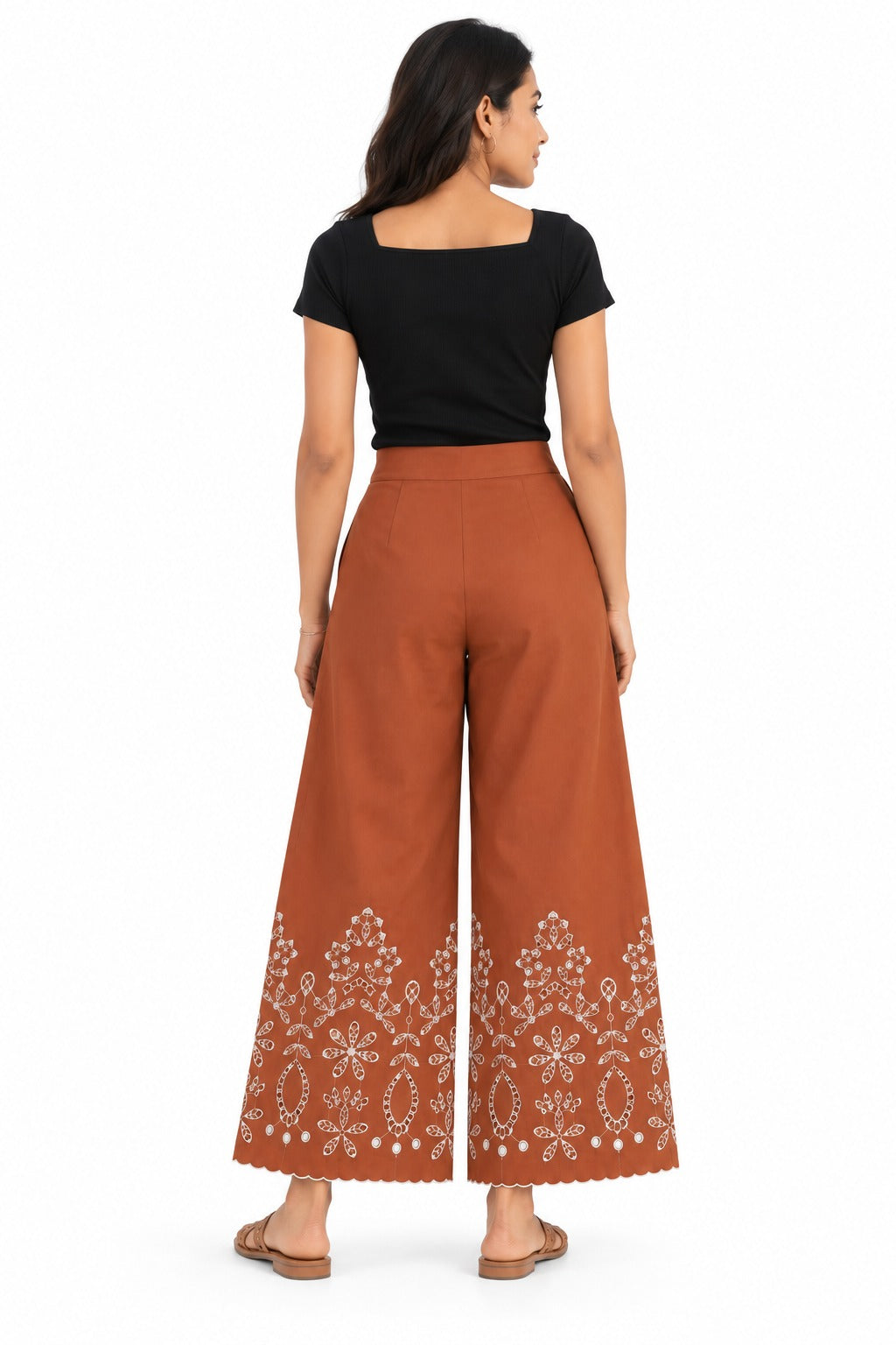 Cotton Poplin Schiffli Wide-Leg Pants