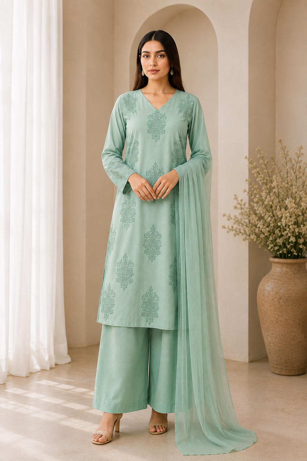 Sage Green Computer-Embroidered Kurta Set