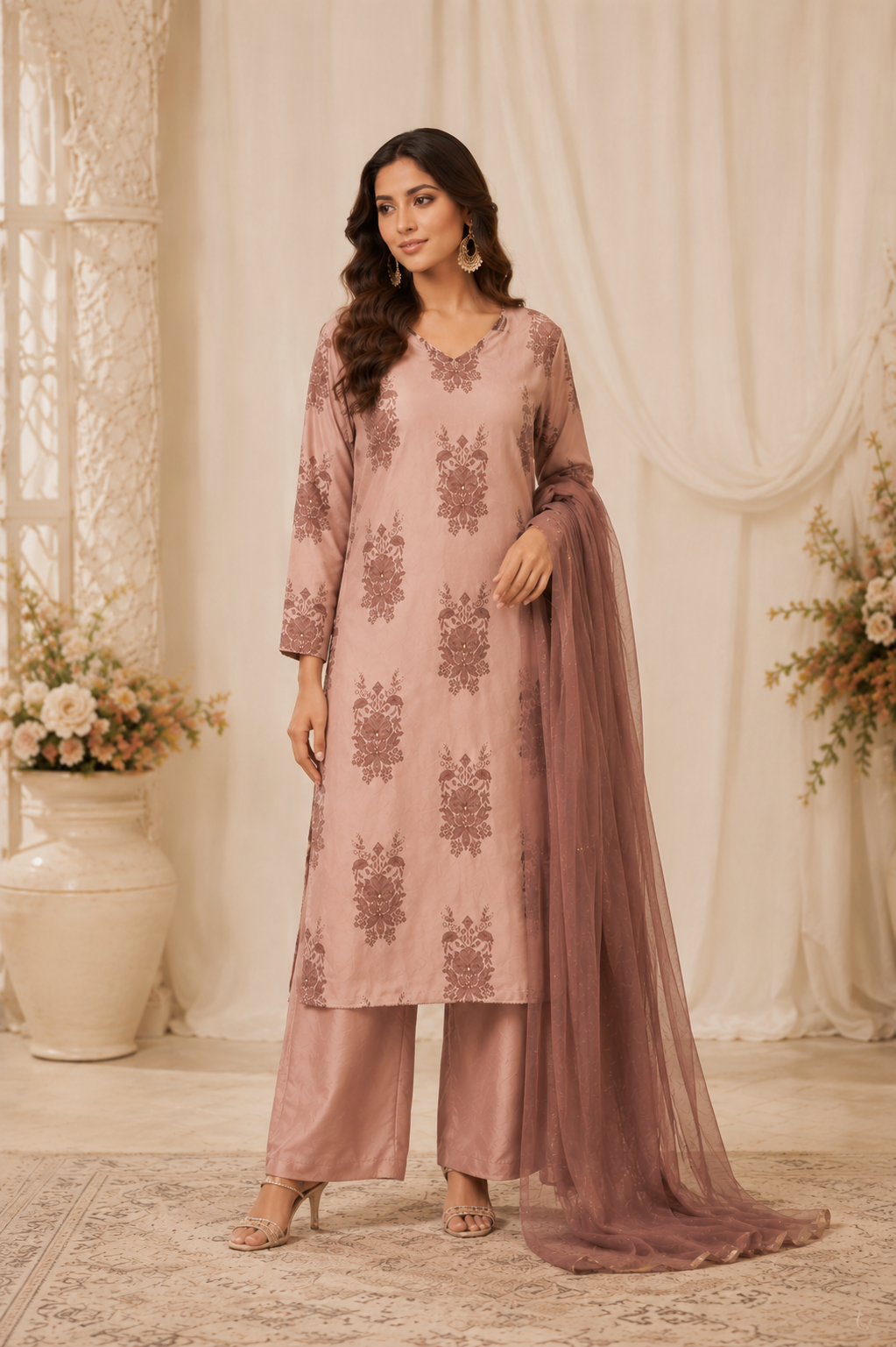 Rosewood Habutai Silk Embroidered Kurta Set